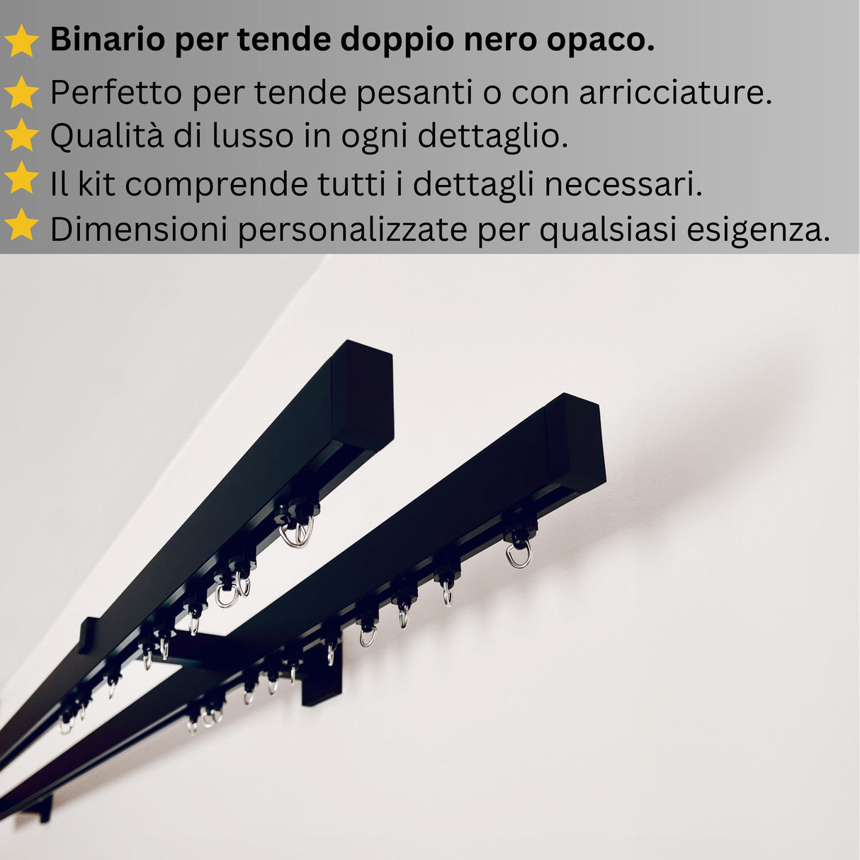 Binario Doppio per Tende, color Nero Opaco, a Parete – Misure Personalizzate, Design Moderno e Funzionale acquistare Binario Doppio per Tende, color Nero Opaco, a Parete – Misure Personalizzate, Design Moderno e Funzionale — Foto
