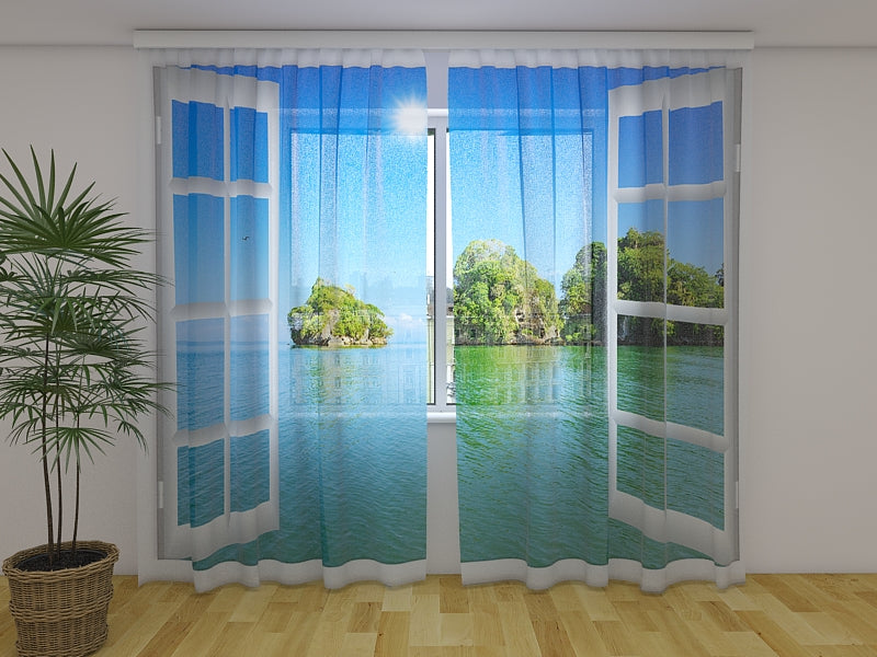 Foto Tende Veduta dell'Oceano dalla Finestra acquistare Foto Tende Veduta dell'Oceano dalla Finestra — Foto