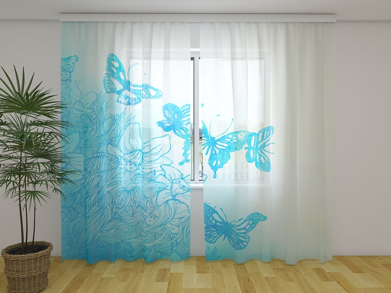 Foto Tende Acquerello Floreale Blu e Farfalle acquistare Foto Tende Acquerello Floreale Blu e Farfalle — Foto