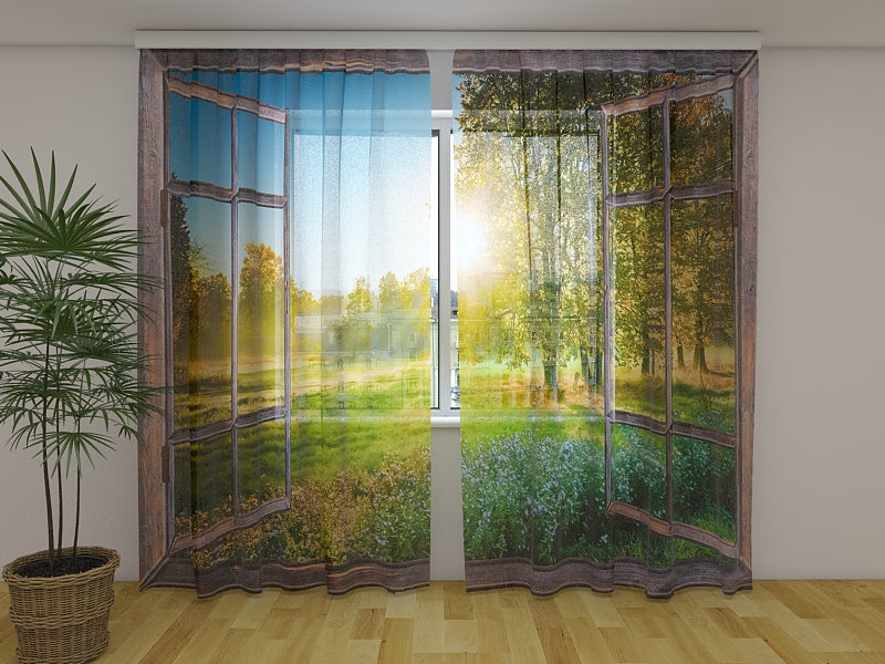 Foto Tende Vista Dell'Alba Dalla Finestra acquistare Foto Tende Vista Dell'Alba Dalla Finestra — Foto