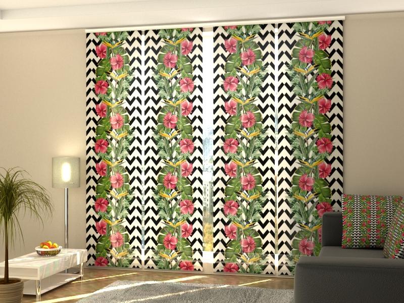 Set di 4 Tende a Pannello Foglie Tropicali e Fiori di Ibisco acquistare Set di 4 Tende a Pannello Foglie Tropicali e Fiori di Ibisco — Foto