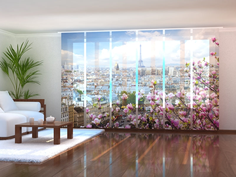 Set di 6 Tende a Pannello Torre Eiffel con Magnolia in Fiore acquistare Set di 6 Tende a Pannello Torre Eiffel con Magnolia in Fiore — Foto