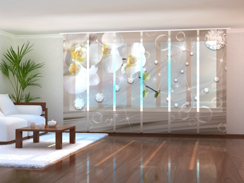 Set di 6 Tende a Pannello Orchidee e Strass su Seta Beige acquistare Set di 6 Tende a Pannello Orchidee e Strass su Seta Beige — Foto