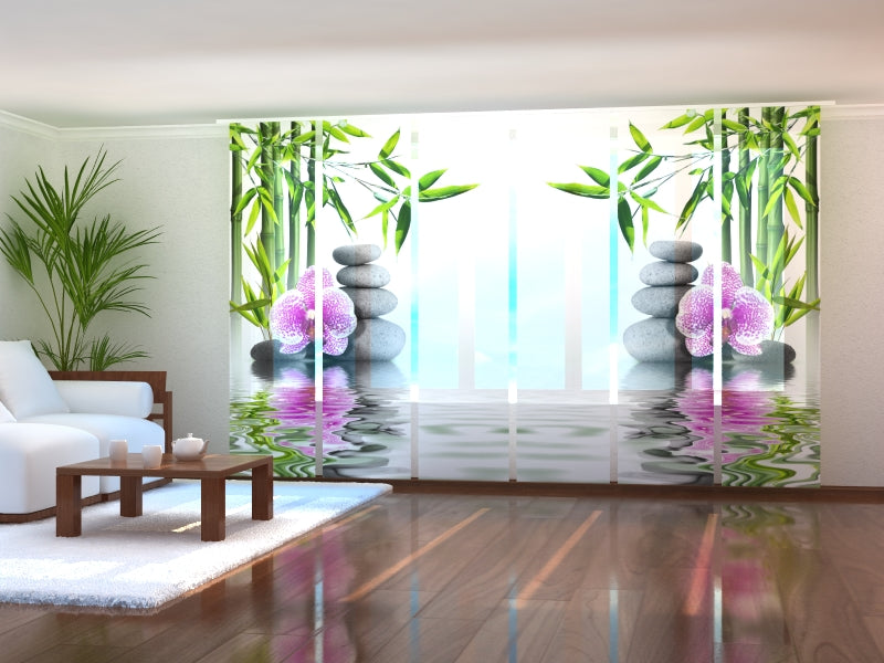 Set di 6 Tende a Pannello Orchidea Rosa Con Bambù e Pietre acquistare Set di 6 Tende a Pannello Orchidea Rosa Con Bambù e Pietre — Foto