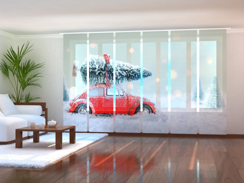 Set di 6 Tende a Pannello Macchina Rossa con Albero di Natale acquistare Set di 6 Tende a Pannello Macchina Rossa con Albero di Natale — Foto