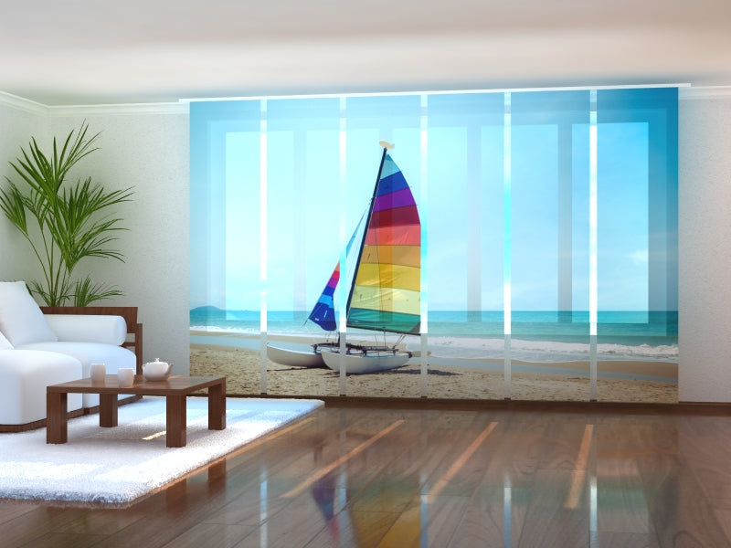 Set di 6 Tende a Pannello Barca a Vela su Spiaggia Tropicale acquistare Set di 6 Tende a Pannello Barca a Vela su Spiaggia Tropicale — Foto