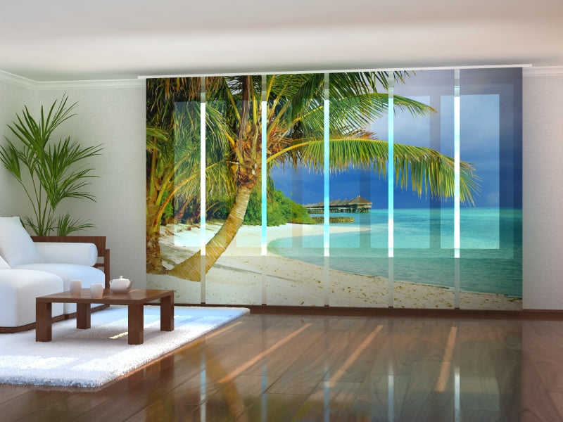 Set di 6 Tende a Pannello Spiaggia Tropicale con Palme acquistare Set di 6 Tende a Pannello Spiaggia Tropicale con Palme — Foto