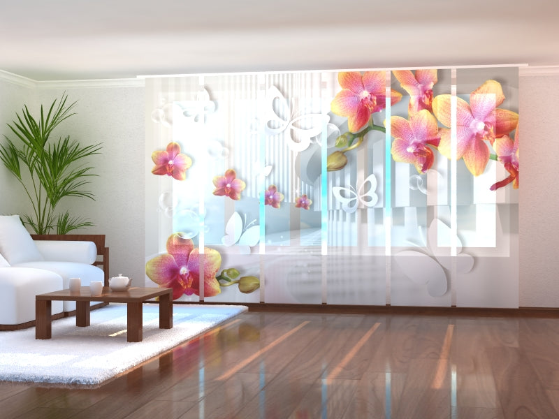 Set di 6 Tende a Pannello Tunnel con Orchidee e Farfalle acquistare Set di 6 Tende a Pannello Tunnel con Orchidee e Farfalle — Foto