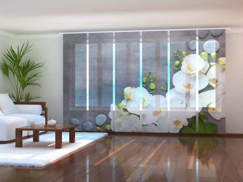 Set di 6 Tende a Pannello Orchidee Bianche su Marmo Grigio acquistare Set di 6 Tende a Pannello Orchidee Bianche su Marmo Grigio — Foto