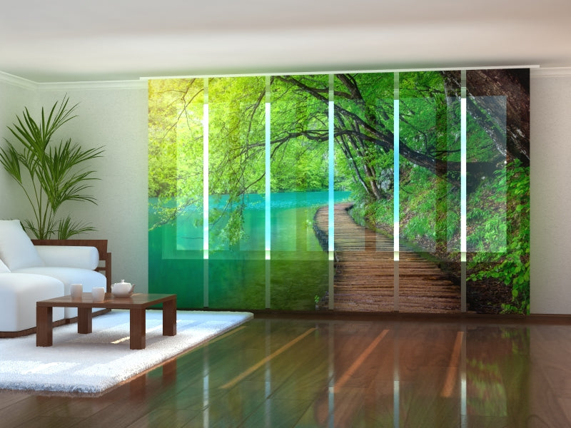 Set di 6 Tende a Pannello Sentiero in Legno nella Foresta acquistare Set di 6 Tende a Pannello Sentiero in Legno nella Foresta — Foto