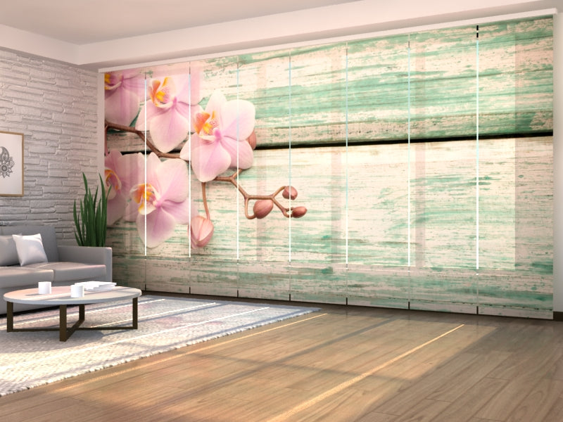 Set di 8 Tende a Pannello Meravigliose Orchidee Sul Legno Blu acquistare Set di 8 Tende a Pannello Meravigliose Orchidee Sul Legno Blu — Foto