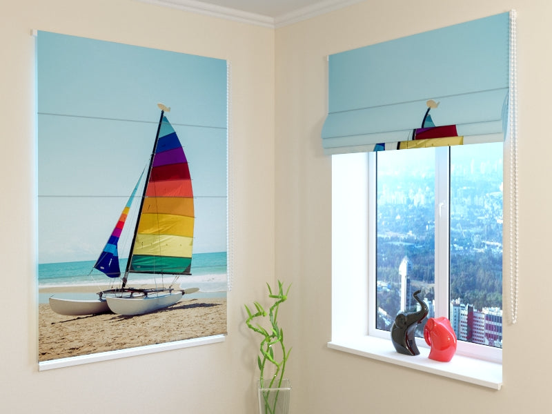 Tende a Pacchetto Barca a Vela su Spiaggia Tropicale acquistare Tende a Pacchetto Barca a Vela su Spiaggia Tropicale — Foto