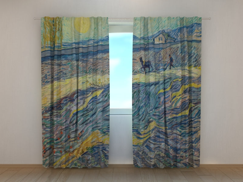 Tenda Stampata Campo con Aratore e Mulino Vincent Van Gogh acquistare Tenda Stampata Campo con Aratore e Mulino Vincent Van Gogh — Foto