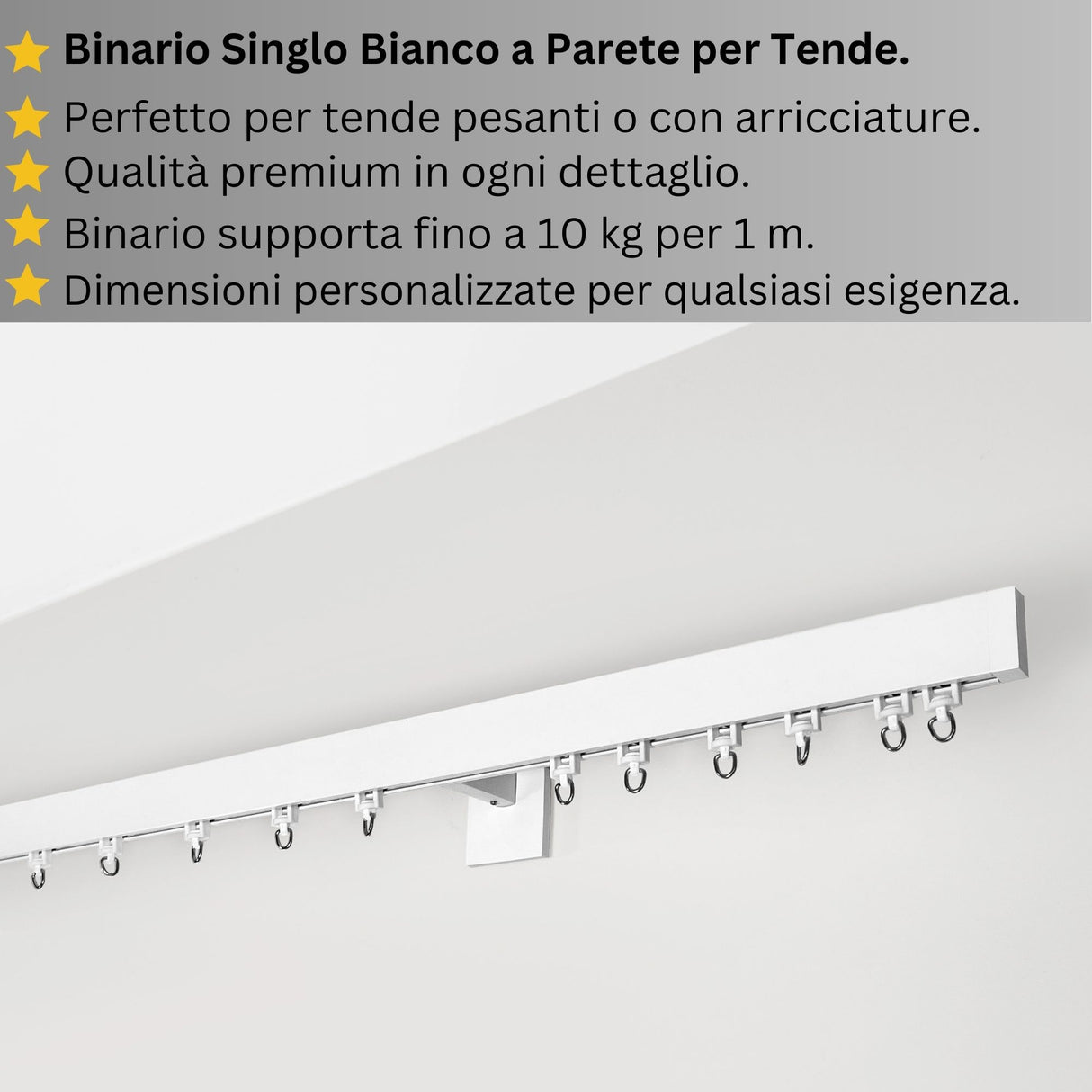 Binario per Tende, Singolo, color Bianco, a Parete – Misure Personalizzate, Design Moderno ed Elegante