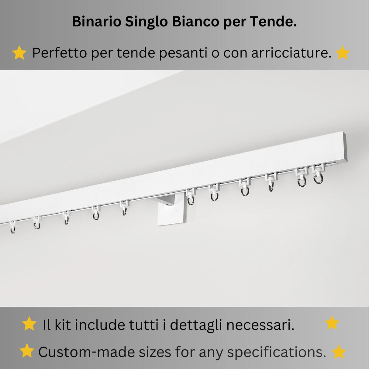 Binario per Tende, Singolo, color Bianco, a Parete – Misure Personalizzate, Design Moderno ed Elegante