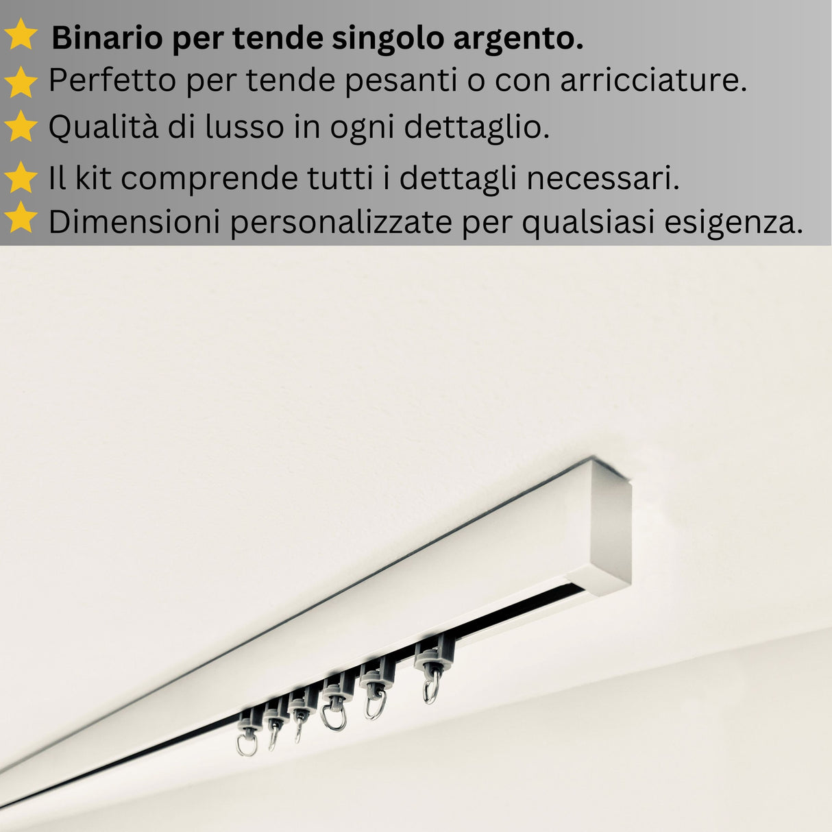 Binario per Tende, Singolo, color Argento, a Soffitto – Misure Personalizzate, Design Moderno e Funzionale
