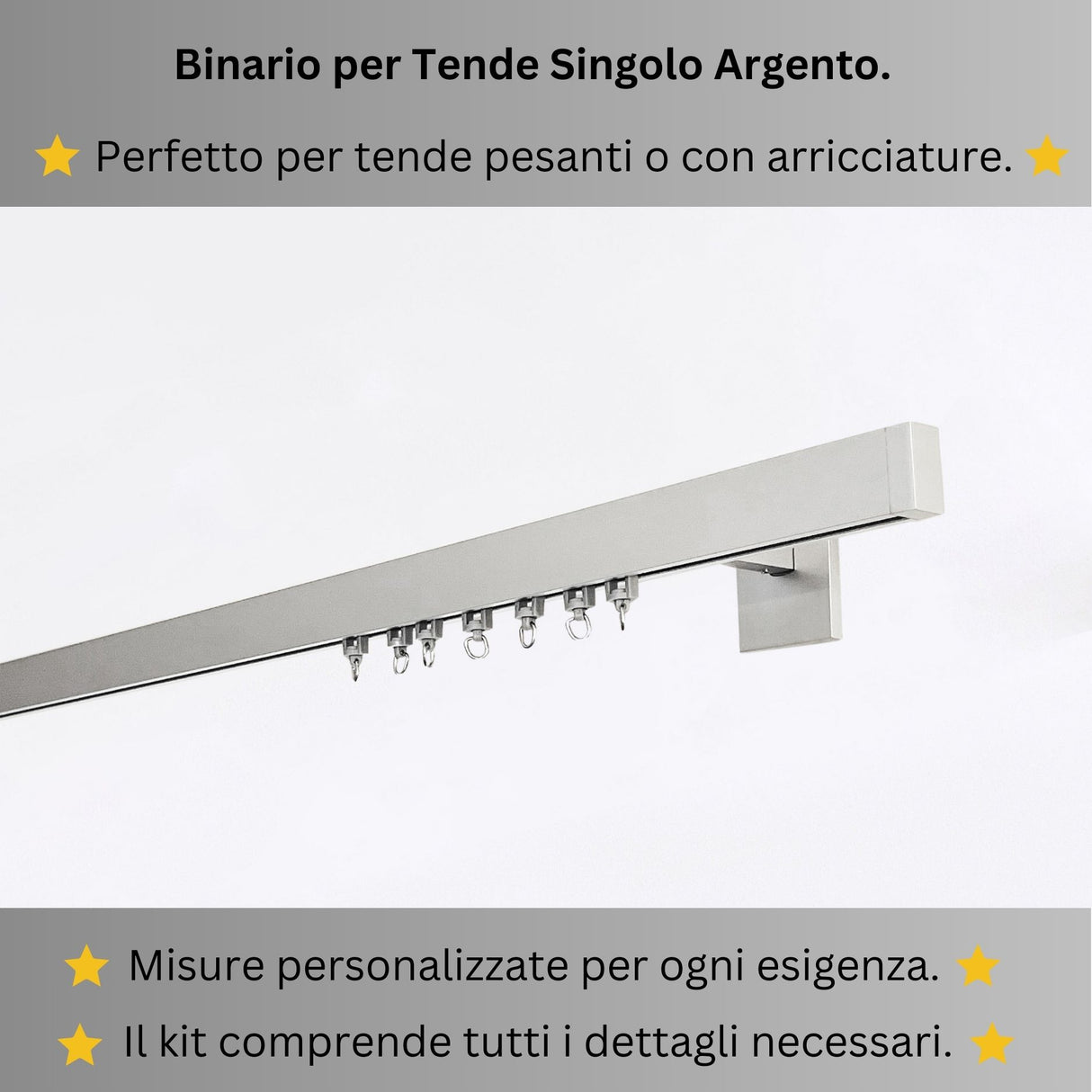 Binario per Tende, Singolo, color Argento, a Parete – Misure Personalizzate, Design Moderno ed Elegante