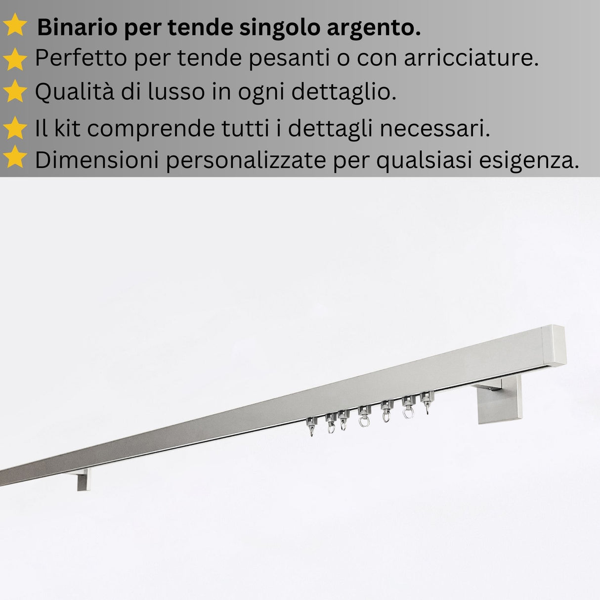 Binario per Tende, Singolo, color Argento, a Parete – Misure Personalizzate, Design Moderno ed Elegante