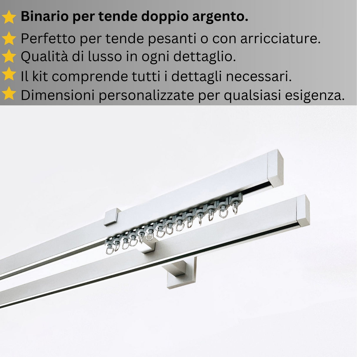 Binario Doppio per Tende, color Argento, a Parete – Misure Personalizzate, Design Elegante e Funzionale