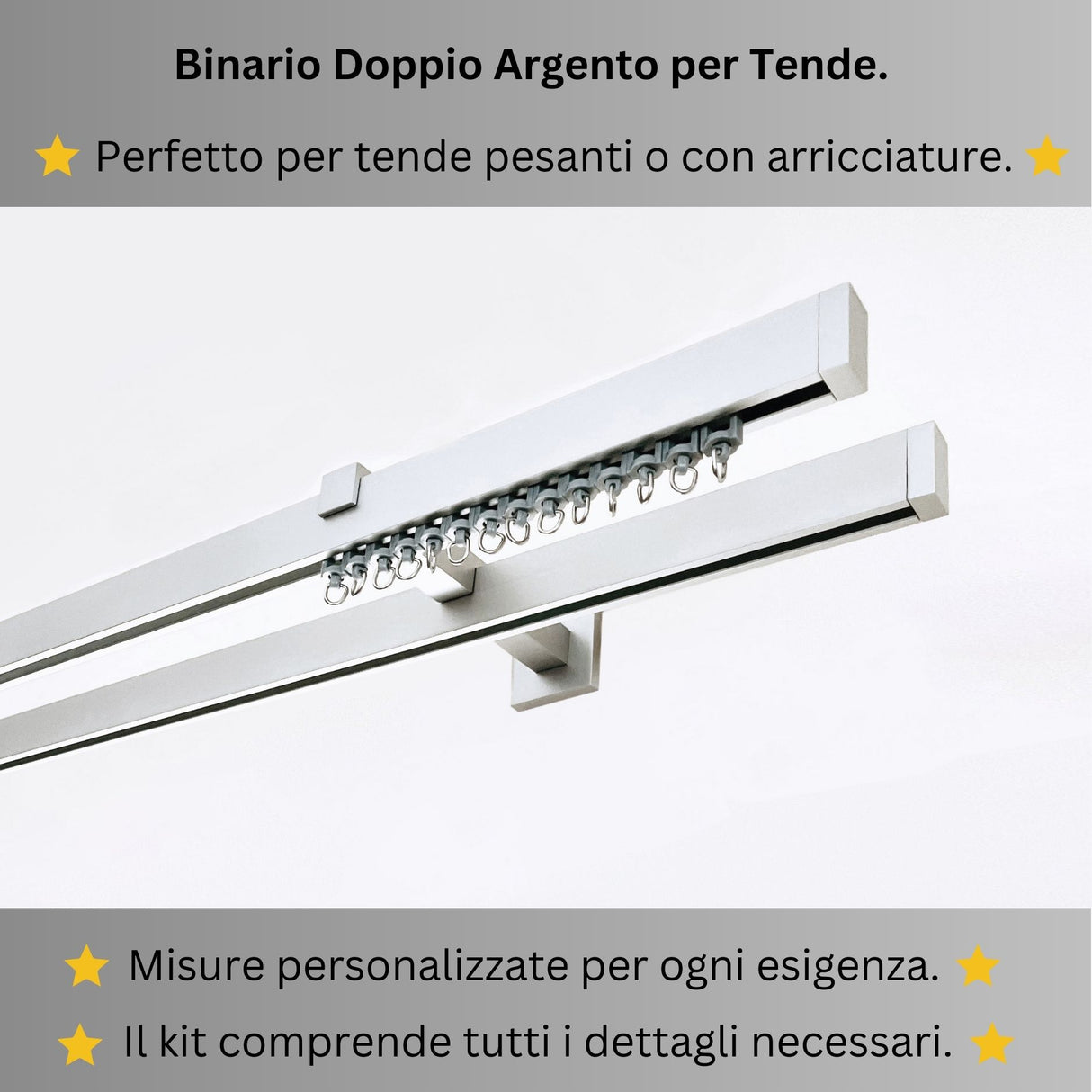 Binario Doppio per Tende, color Argento, a Parete – Misure Personalizzate, Design Elegante e Funzionale