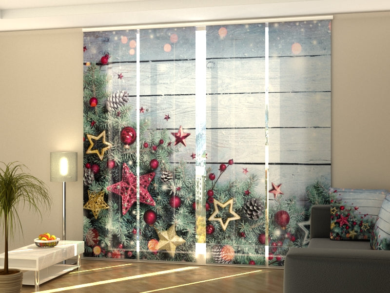 Set di 4 Tende a Pannello Decorazione Natalizia Di Rami Di Abete e Stelle — Foto