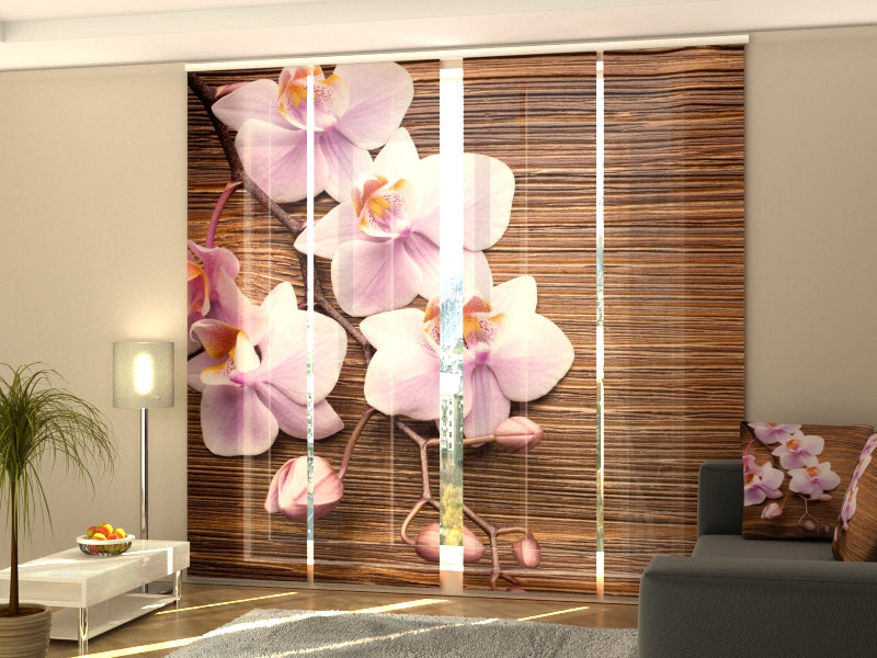 Set di 4 Tende a Pannello Orchidea e Legno — Foto