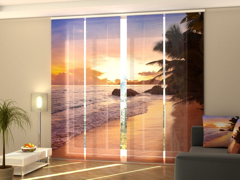 Set di 4 Tende a Pannello Tramonto sulla Spiaggia alle Seychelles — Foto