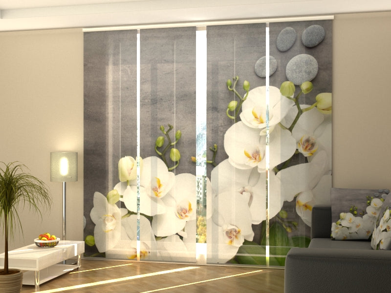 Set di 4 Tende a Pannello Orchidee Bianche su Marmo Grigio — Foto