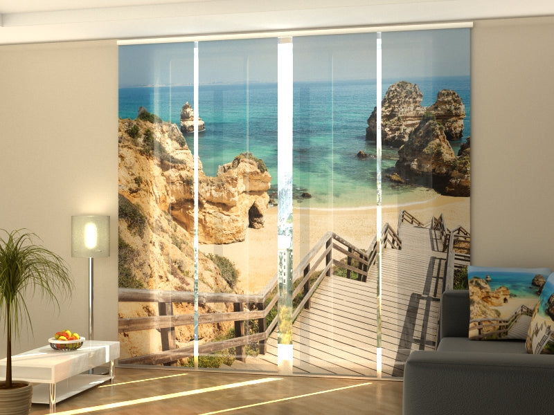 Set di 4 Tende a Pannello Scalinata In Legno Sulla Bellissima Spiaggia D'Algarve — Foto