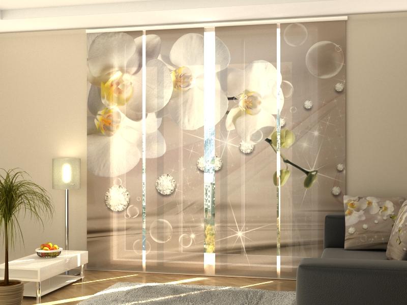 Set di 4 Tende a Pannello Orchidee e Strass su Seta Beige — Foto