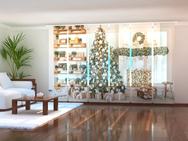 Set di 6 Tende a Pannello Albero Di Natale Con Decorazioni Bianche e In Legno — Foto