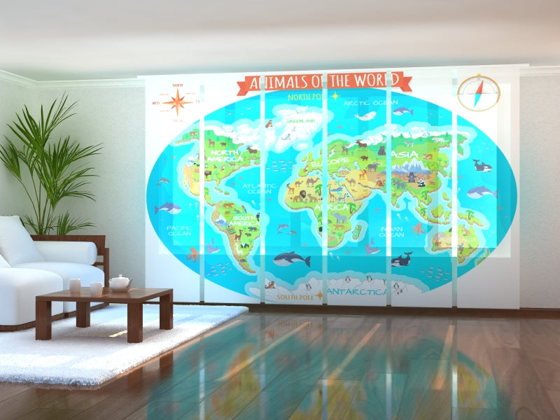 Set di 6 Tende a Pannello Mappa per Bambini con gli Animali del Mondo — Foto