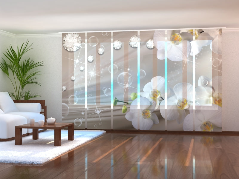 Set di 6 Tende a Pannello Orchidee e Strass su Seta Beige 2 — Foto
